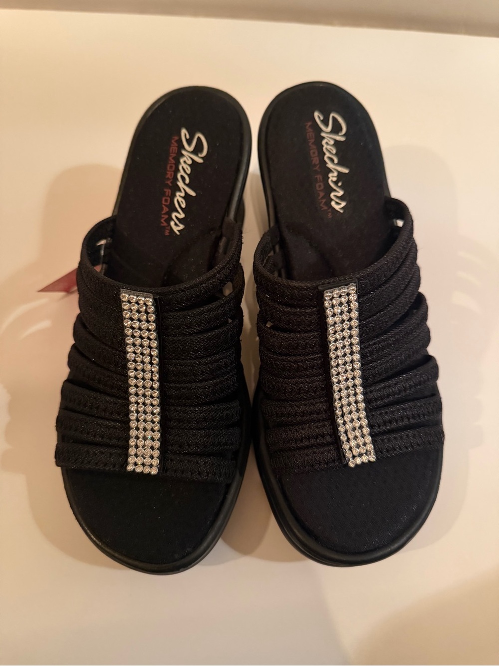 Skechers Black Slip-On Wedge Mules with Rhinestone Stripe